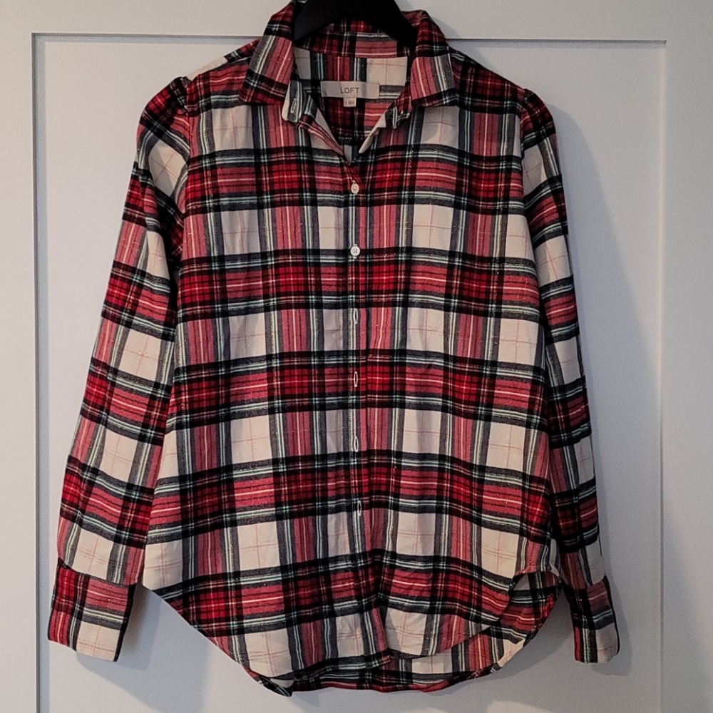 Loft red + green plaid button-down size S